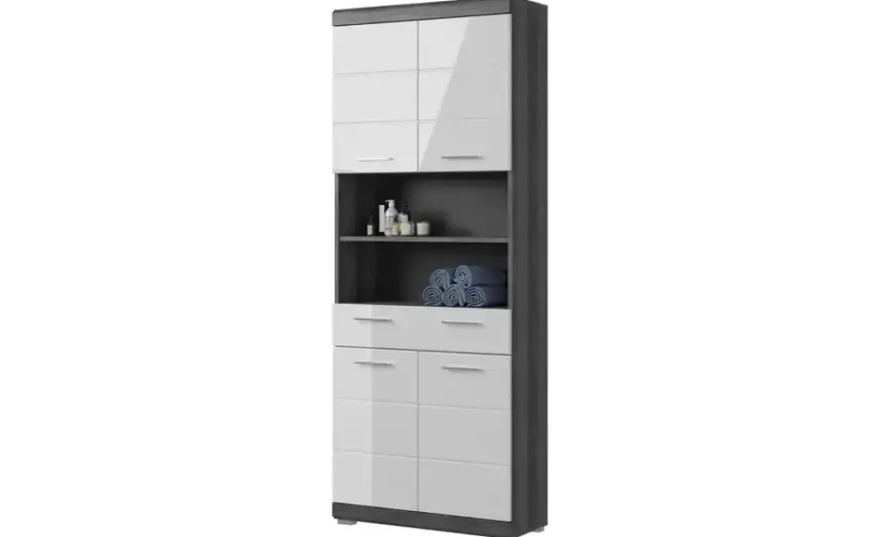 Hochschrank SCHLOONSEE, Breite 74cm, 4 Türen, 1 Schubkasten, 2 offene Fächer, MDF-Front, in verschiedenen Farben erhältlich, Badmöbel, Badschrank, Schrank, Bad Schloonsee