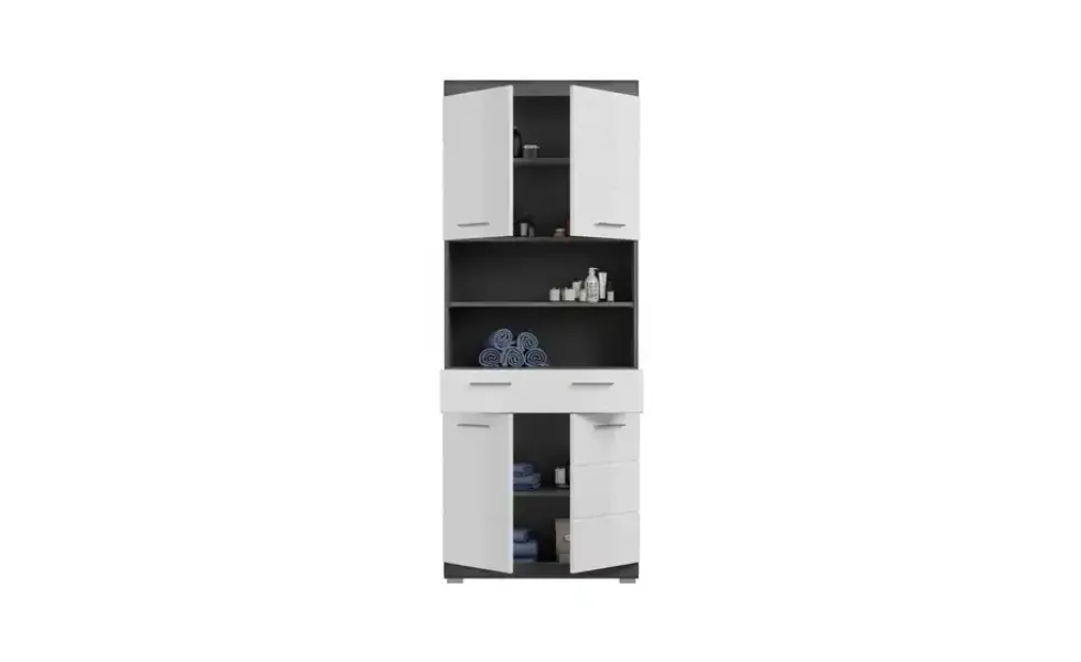 Hochschrank SCHLOONSEE, Breite 74cm, 4 Türen, 1 Schubkasten, 2 offene Fächer, MDF-Front, in verschiedenen Farben erhältlich, Badmöbel, Badschrank, Schrank, Bad Schloonsee