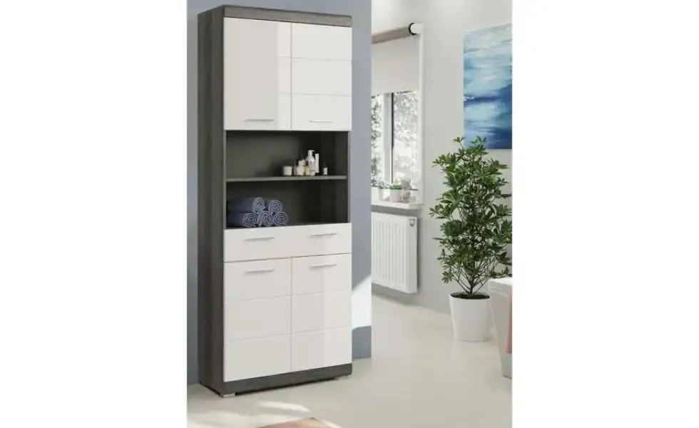 Hochschrank SCHLOONSEE, Breite 74cm, 4 Türen, 1 Schubkasten, 2 offene Fächer, MDF-Front, in verschiedenen Farben erhältlich, Badmöbel, Badschrank, Schrank, Bad Schloonsee