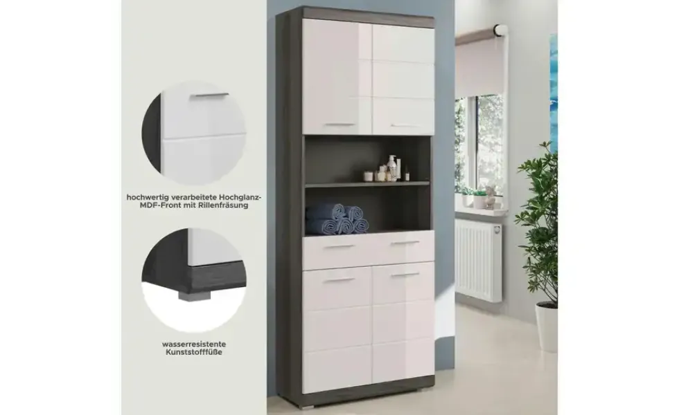 Hochschrank SCHLOONSEE, Breite 74cm, 4 Türen, 1 Schubkasten, 2 offene Fächer, MDF-Front, in verschiedenen Farben erhältlich, Badmöbel, Badschrank, Schrank, Bad Schloonsee