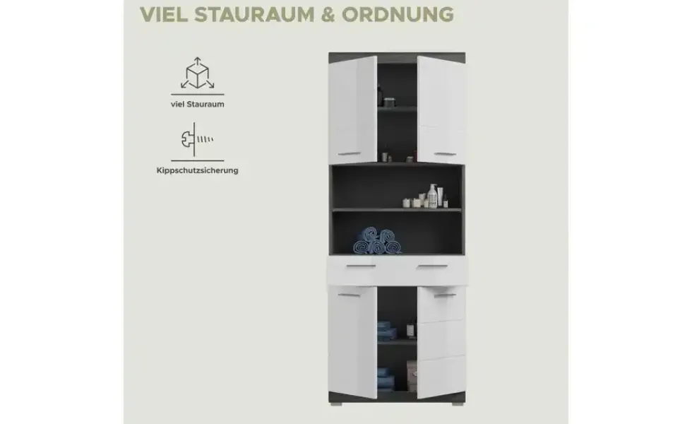 Hochschrank SCHLOONSEE, Breite 74cm, 4 Türen, 1 Schubkasten, 2 offene Fächer, MDF-Front, in verschiedenen Farben erhältlich, Badmöbel, Badschrank, Schrank, Bad Schloonsee