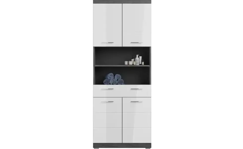 Hochschrank SCHLOONSEE, Breite 74cm, 4 Türen, 1 Schubkasten, 2 offene Fächer, MDF-Front, in verschiedenen Farben erhältlich, Badmöbel, Badschrank, Schrank, Bad Schloonsee