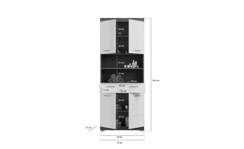 Hochschrank SCHLOONSEE, Breite 74cm, 4 Türen, 1 Schubkasten, 2 offene Fächer, MDF-Front, in verschiedenen Farben erhältlich, Badmöbel, Badschrank, Schrank, Bad Schloonsee