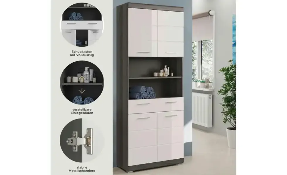 Hochschrank SCHLOONSEE, Breite 74cm, 4 Türen, 1 Schubkasten, 2 offene Fächer, MDF-Front, in verschiedenen Farben erhältlich, Badmöbel, Badschrank, Schrank, Bad Schloonsee