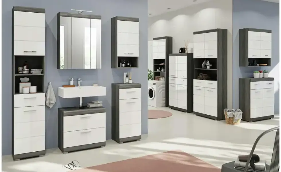 Hochschrank SCHLOONSEE, Breite 74cm, 4 Türen, 1 Schubkasten, 2 offene Fächer, MDF-Front, in verschiedenen Farben erhältlich, Badmöbel, Badschrank, Schrank, Bad Schloonsee