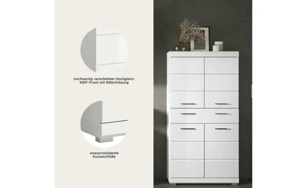 Midischrank SCHLOONSEE, Breite 74cm, 4 Türen, 1 Schubkasten, 4 Fächer, MDF-Front, in verschiedenen Farben erhältlich, Badmöbel, Badschrank, Schrank, Bad Schloonsee