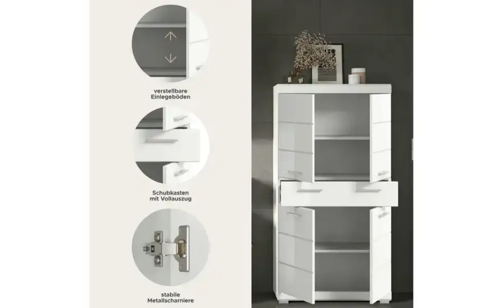 Midischrank SCHLOONSEE, Breite 74cm, 4 Türen, 1 Schubkasten, 4 Fächer, MDF-Front, in verschiedenen Farben erhältlich, Badmöbel, Badschrank, Schrank, Bad Schloonsee