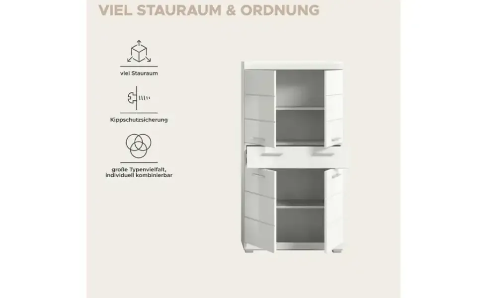 Midischrank SCHLOONSEE, Breite 74cm, 4 Türen, 1 Schubkasten, 4 Fächer, MDF-Front, in verschiedenen Farben erhältlich, Badmöbel, Badschrank, Schrank, Bad Schloonsee
