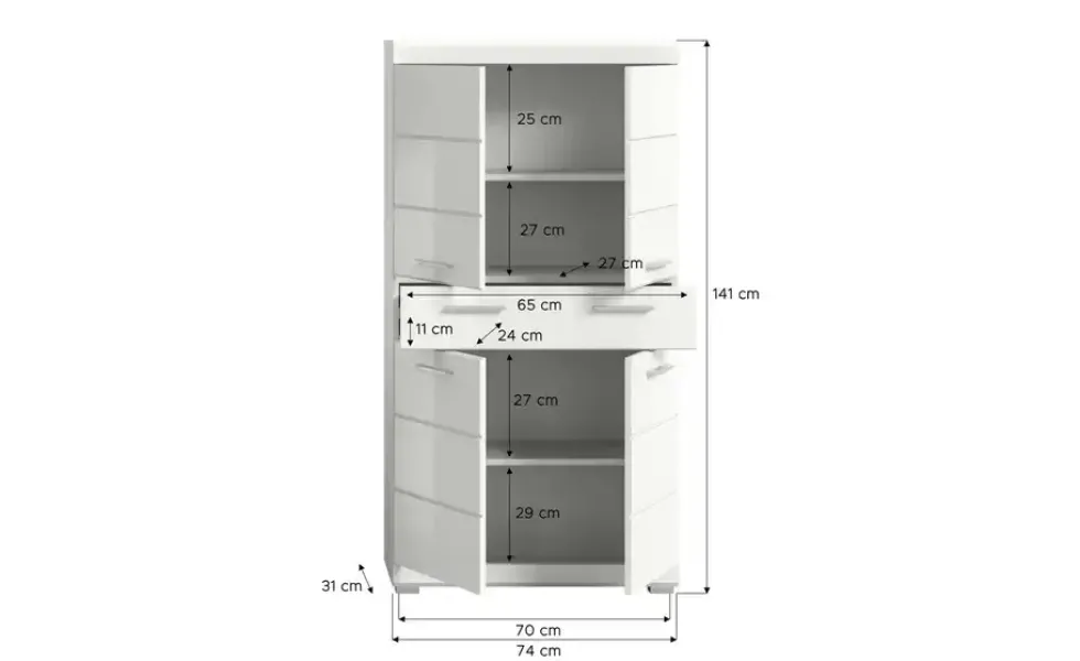 Midischrank SCHLOONSEE, Breite 74cm, 4 Türen, 1 Schubkasten, 4 Fächer, MDF-Front, in verschiedenen Farben erhältlich, Badmöbel, Badschrank, Schrank, Bad Schloonsee