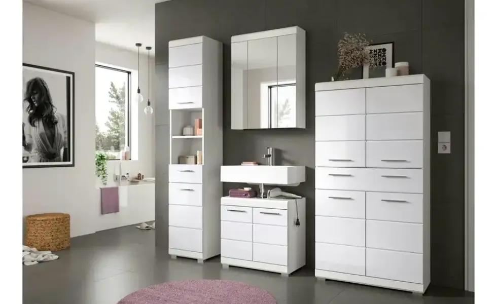 Midischrank SCHLOONSEE, Breite 74cm, 4 Türen, 1 Schubkasten, 4 Fächer, MDF-Front, in verschiedenen Farben erhältlich, Badmöbel, Badschrank, Schrank, Bad Schloonsee