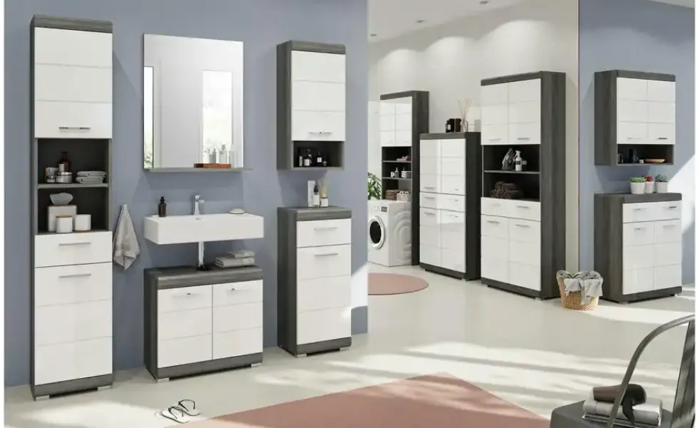 Midischrank SCHLOONSEE, Breite 74cm, 4 Türen, 1 Schubkasten, 4 Fächer, MDF-Front, in verschiedenen Farben erhältlich, Badmöbel, Badschrank, Schrank, Bad Schloonsee