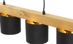 Pendelleuchte, 4-flammig, Holz/ Stoffschirm schwarz/goldfarben