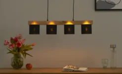 Pendelleuchte, 4-flammig, Holz/ Stoffschirm schwarz/goldfarben