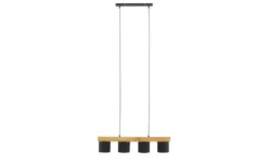 Pendelleuchte, 4-flammig, Holz/ Stoffschirm schwarz/goldfarben