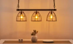 Pendelleuchte, 3-flammig, Metall / Holz schwarz Frame