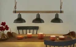 Pendelleuchte, 3-flammig, schwarz/Holz mit Tau Max