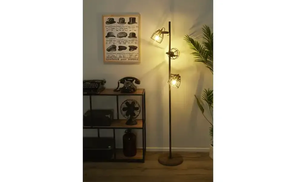 Stehleuchte, 3-flammig, schwarz/Holz Frame